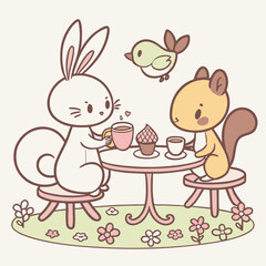 Tea Party with Tiny Animals Whimsical Vector Scene
