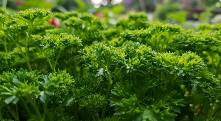 Fototapeta premium Close-up of parsley leaves in herb and vegetable garden