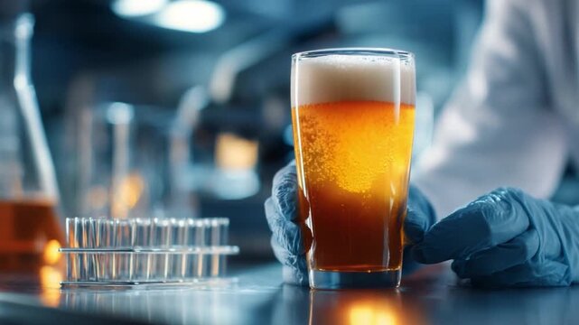 Craft Beer Analysis: A lab technician, adorned in protective gloves, delicately examines a fresh pint of golden craft beer in a cutting-edge laboratory.