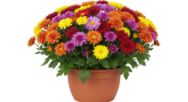 Vibrant bouquet of chrysanthemums in a terracotta pot isolated on white background brightening a sunny garden - Powered by Adobe