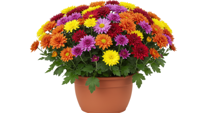 Vibrant bouquet of chrysanthemums in a terracotta pot isolated on white background brightening a sunny garden
