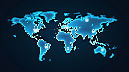 Global Network Connections Illustrated on a Digital World Map with Security Padlocks and Data Lines