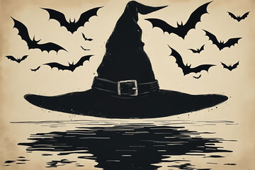 A Silhouette of a Witch Hat with Bats Flying Around it Reflected in Water on a Beige Background