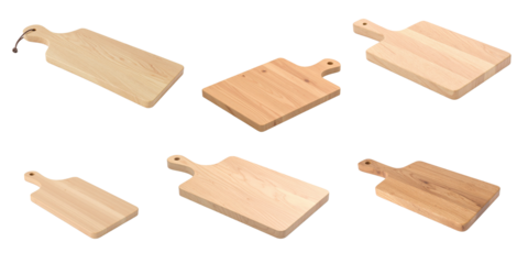 Minimal style wooden chopping board set on isolated transparent background.