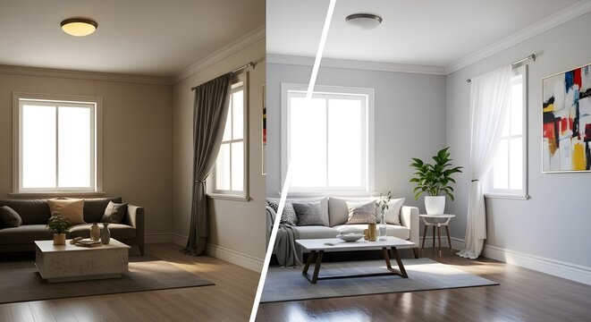 A side-by-side split-screen image. The left side shows a dull room with faded, plain walls and poor lighting. The right side shows the same room vibrantly transformed with freshly painted light gray w
