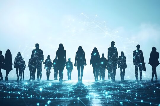 Silhouetted figures in a digital world.