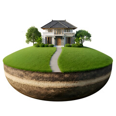 Modern House on Floating Green Island 3D Illustration