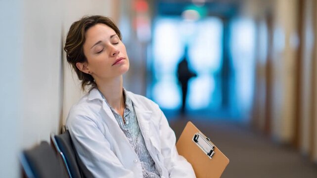 Exhaustion in Medical Field: A weary medical professional takes a moment to rest and decompress, her eyes closed in a quiet corridor