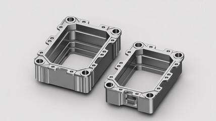 Two precision metal parts isolated on white background, showcasing industrial design and manufacturing with intricate details and engineering