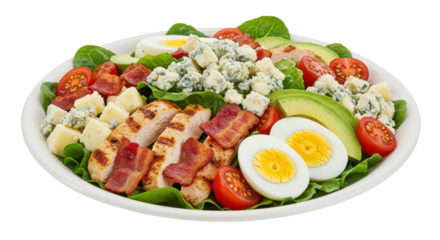 Grilled chicken salad with eggs bacon cheese and tomatoes on a white plate