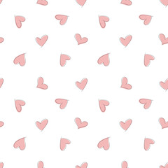 Pink cute abstract hearts isolated on a white background, romantic seamless pattern, hand-drawn. Festive background element for Valentine's day, wedding, decoration, wrapping paper, fabric, packaging
