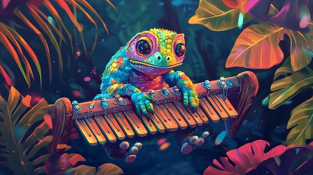 Colorful lizard playing xylophone in tropical setting