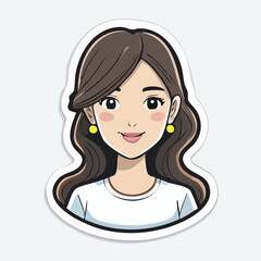 A sticker featuring a cartoon illustration of a smiling woman with long brown hair and yellow earrings.