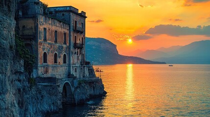 A stunning sunset illuminates a historic building perched dramatically on a rocky cliff overlooking the sea. The building, constructed of pale stone, features arched windows and a weathered facade.