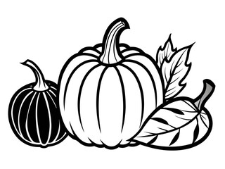 Stylized black and white pumpkins and autumn leaves