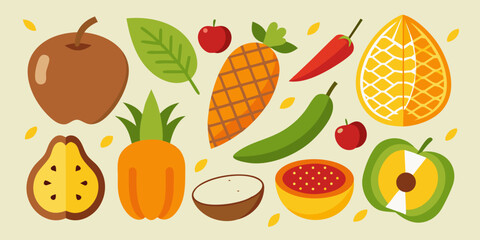 Vibrant assortment of fresh fruits and vegetables in a flat design