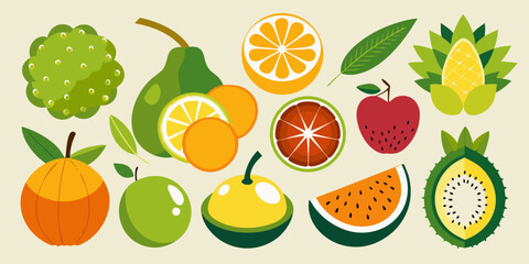 Vibrant assortment of fresh fruits and vegetables in flat design