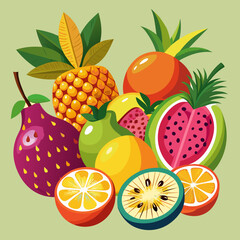 A vibrant assortment of colorful tropical and citrus fruits