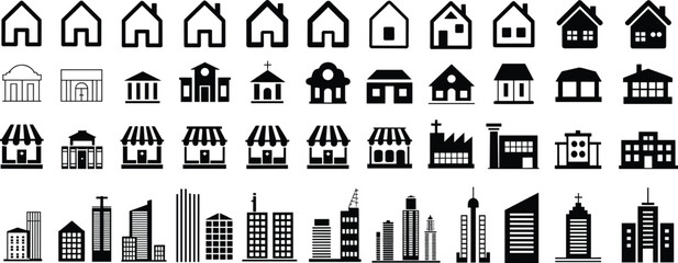 House icons, building silhouettes, residential homes, commercial shops, urban city skyscrapers, architecture symbols, modern real estate, black vector illustration © Akaza