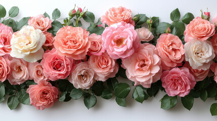 Obraz premium A vibrant bunch of pink roses, their velvety petals adorned with delicate green leaves, captured in the ethereal realm of a transparent PNG image, offering a touch of floral elegance to any 