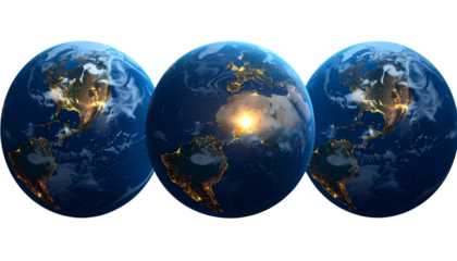  Three Angles of Earth at Night with City Lights, Transparent PNG