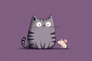 Cute cartoon cat and mouse on a purple background, showcasing friendship and whimsy
