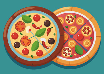 Two delicious pizzas with fresh toppings on a teal background