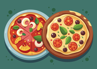 Two delicious pizzas with fresh toppings on a green background