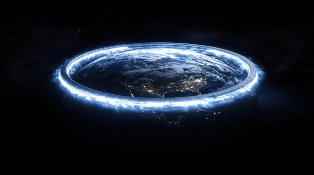 A luminous, blue ring encircles a planet, illuminating its continents with vibrant, electric-blue light.