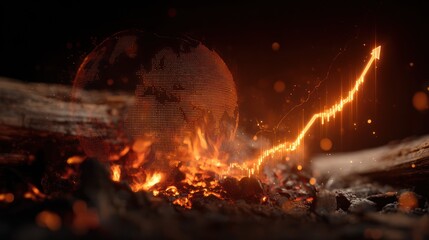 Fiery graph over a globe in a fireplace