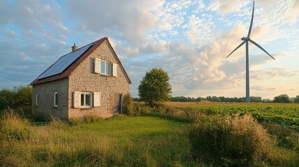 Obraz premium A quaint, stone cottage with a solar panel on its roof sits in a rural landscape. A modern wind turbine stands prominently in the background, generating power. 