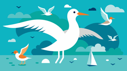 Stylized seagulls and sailboat on a turquoise sea