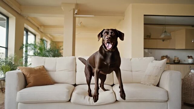 A playful dog with muddy paws jumping on a clean white couch, bright indoor lighting, soft shadows, cozy home interior, messy yet adorable moment
