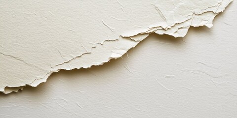 A section of torn, beige paper is dramatically presented against a stark black background. The paper exhibits significant tearing and fraying, with jagged edges