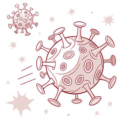 Cartoon illustration of a large coronavirus particle moving towards a smaller particle