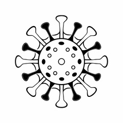 Stylized black and white illustration of a coronavirus particle with spikes and circular elements