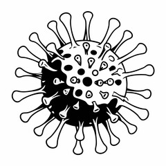 Stylized black and white illustration of a coronavirus particle with spikes and internal structures