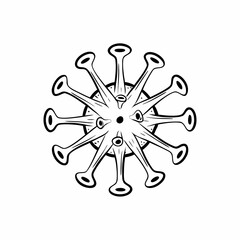 Stylized black and white illustration of a virus or bacterium with spike proteins