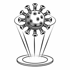 Stylized black and white illustration of a virus particle projecting from a holographic display