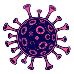 Stylized illustration of a coronavirus particle with spikes and circular patterns in pink and dark blue