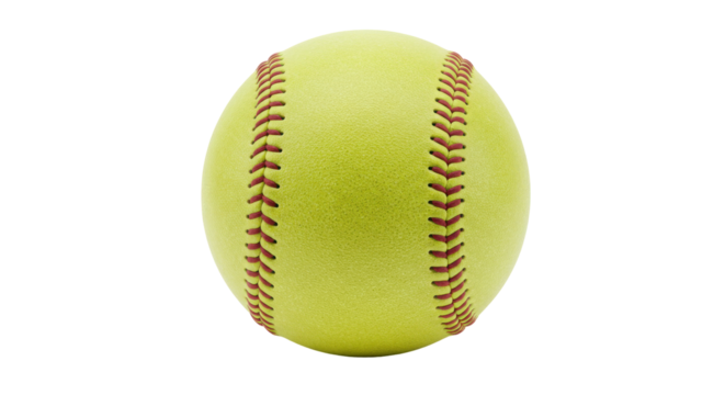 A close up view of a bright yellow softball with red stitching isolated on white background