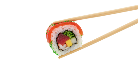 Close up of a colorful sushi roll held by chopsticks isolated on white background
