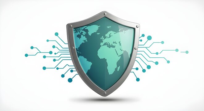 World Map Shield with Digital Circuit Board | Global Security Concept for Cybersecurity, Data Protection, Network Security, and Technology Solutions