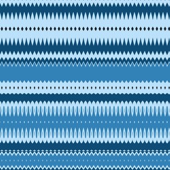 Seamless folk art pattern with horizontal stripes of zigzag, dot, and knitted-style motifs in a cool blue color palette