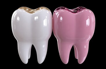 Two teeth, one healthy white, one stained pink/brown