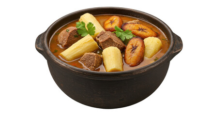 Delicious traditional dish featuring tender meat plantains and yuca isolated on white background