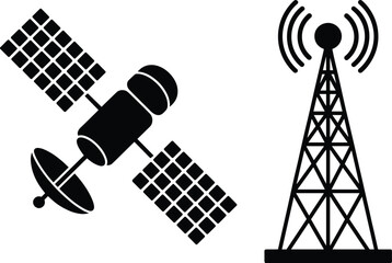 Satellite communication icon, radio signal tower, broadcasting technology, space satellite, wireless network, data transmission, telecommunication, black vector illustration