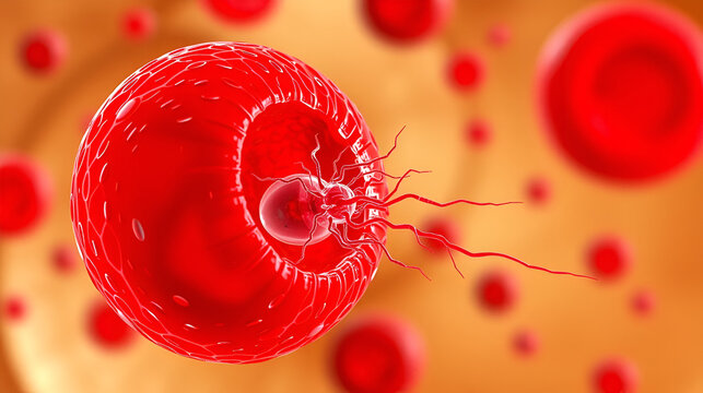 The malaria-infected red blood cell. 3D illustration showing parasite Plasmodium malariae in the schizont stage