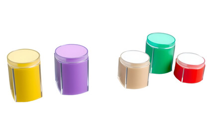 Colorful cosmetic jars set, 3D render, various colors and designs.
