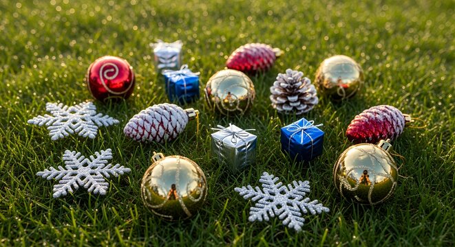 Christmas Ornaments on Grass: Festive Holiday Decorations - Powered by Adobe